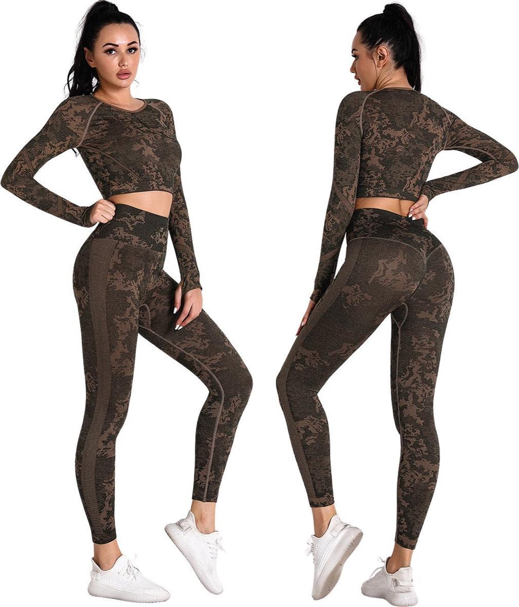 Sportoutfit - Sportkleding Set Dames - Yoga Kleding - Sport BH - Sportlegging Dames - Sport Top - High Waist Legging Dames - Camouflage Kleding - Dames Kleding - Panterprint - Luipaard - Legging & Shapewear Dames | Top + Legging | Goud | Maat S