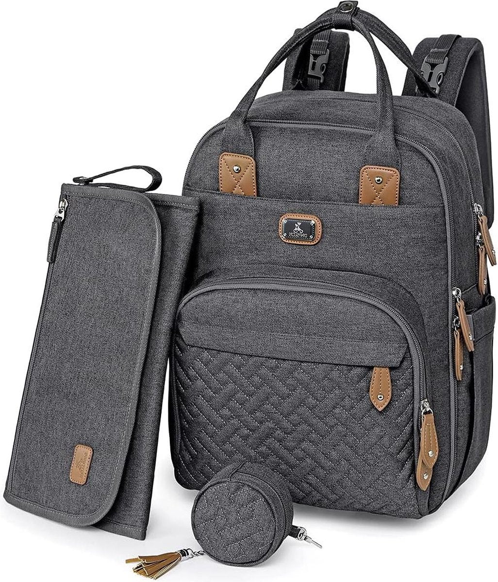Diaper backpack - large size - includes portable changing pad and pacifier holder - dark gray