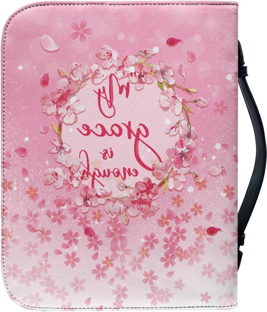 Grote leren Bijbelhoes met ritssluiting - Bijbelhoes voor dames met roze bloemen - Kerkboek draagtas Bijbelhoes