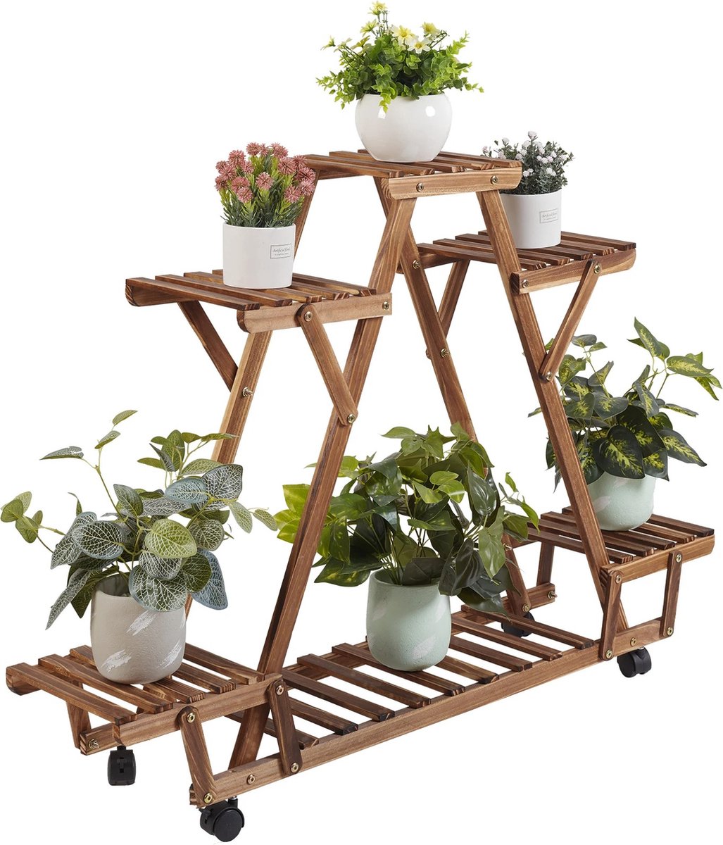 Plantenrek op wielen - Wandrek - Planten - Driehoekig - Ladderkast - 6 Planken - 6 Lagen - Hout - Binnen/buiten