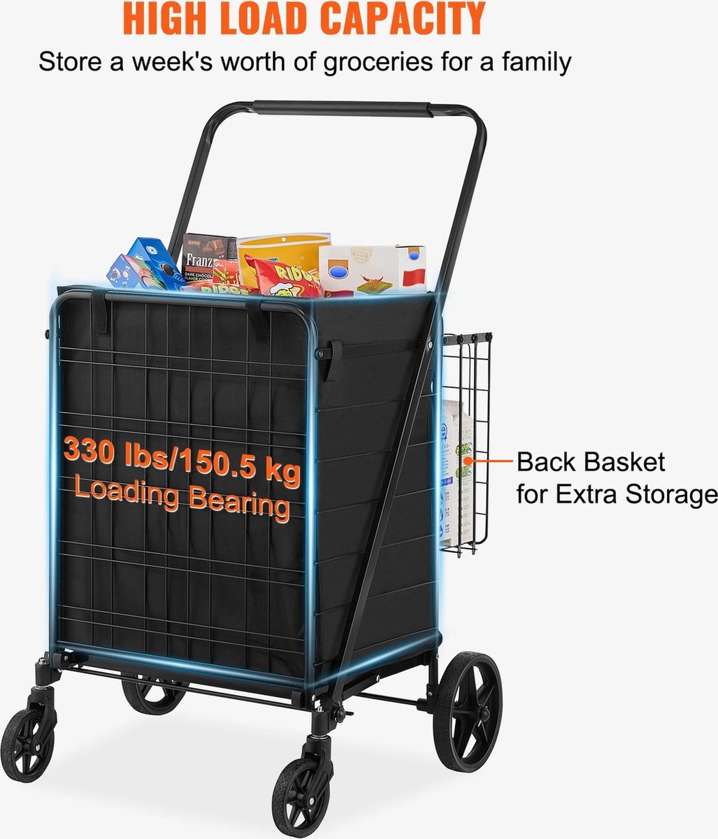 ByBusby® Foldable Shopping Cart - Shopping Trolleys - Removable Waterproof Liner - Load Capacity 150 KG - 360° Swivel Wheels