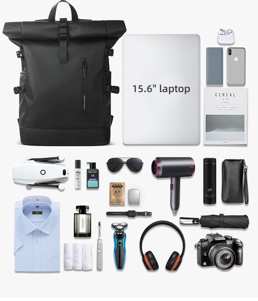 Avoir Avoir® Rolltop Rugzak - Dames en Heren - Waterdicht - Laptoptas 15,6 Inch - 40 Liter Rugtas - Verstelbare Reistas - Backpack Rugzak Zwart