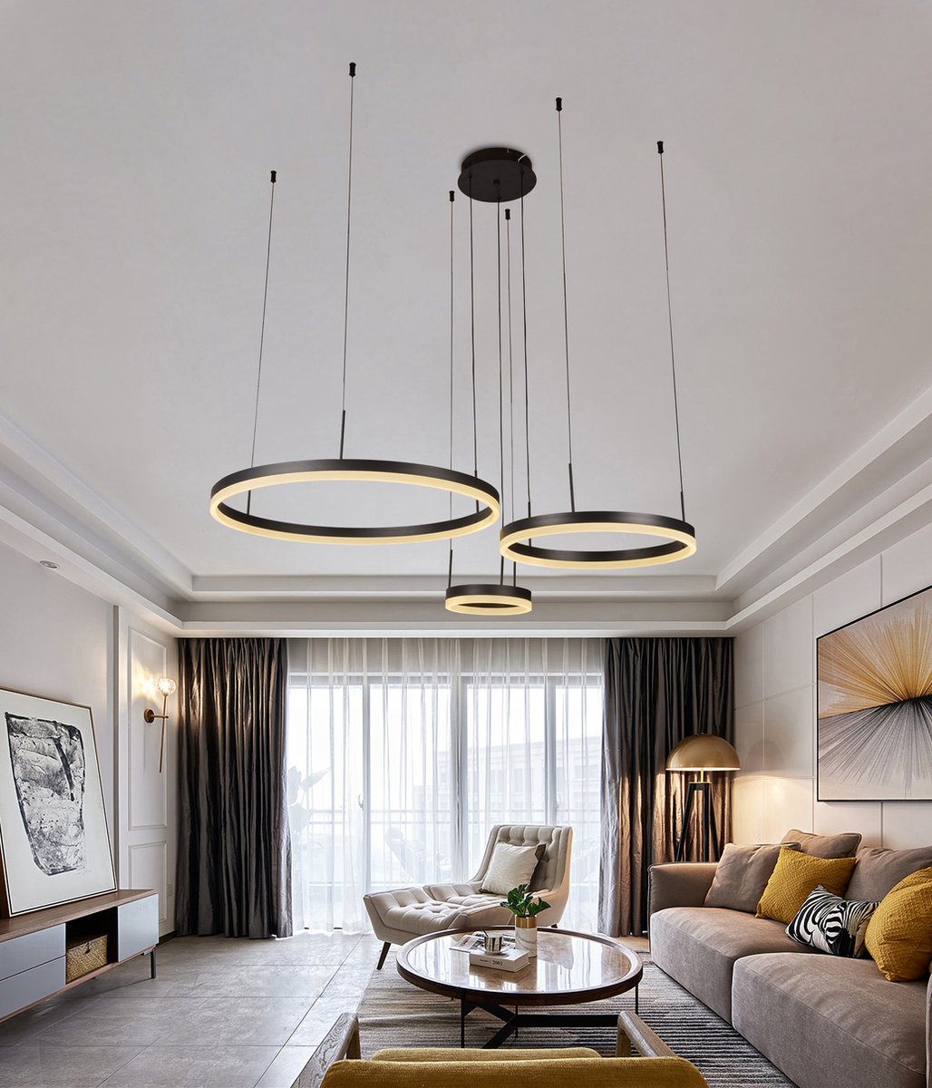 Chandelix - Luxe hanglamp - Woonkamer - Ringen - met afstandsbediening en app - Dimbaar - In hoogte verstelbaar - Woonkamerverlichting - Slaapkamerverlichting - Smartlamp - Ringlamp - LED - Zwart
