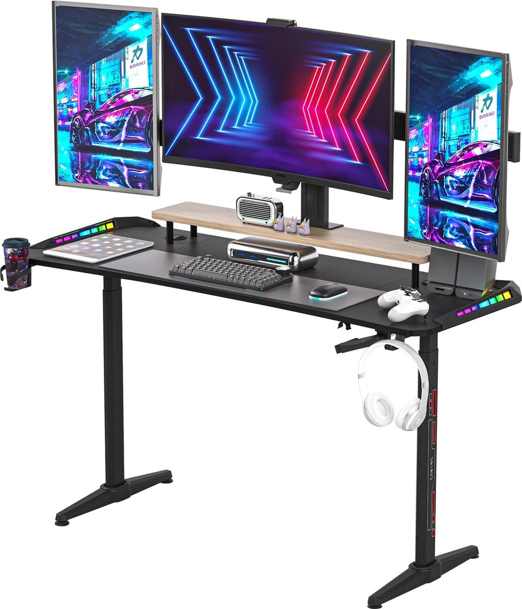 vanBoni Gaming Bureau Hoogte verstelbaar - Gaming Desk - Gaming Bureau met Led Verlichting - Zit Sta Bureau - 160x60x120CM - Zwart