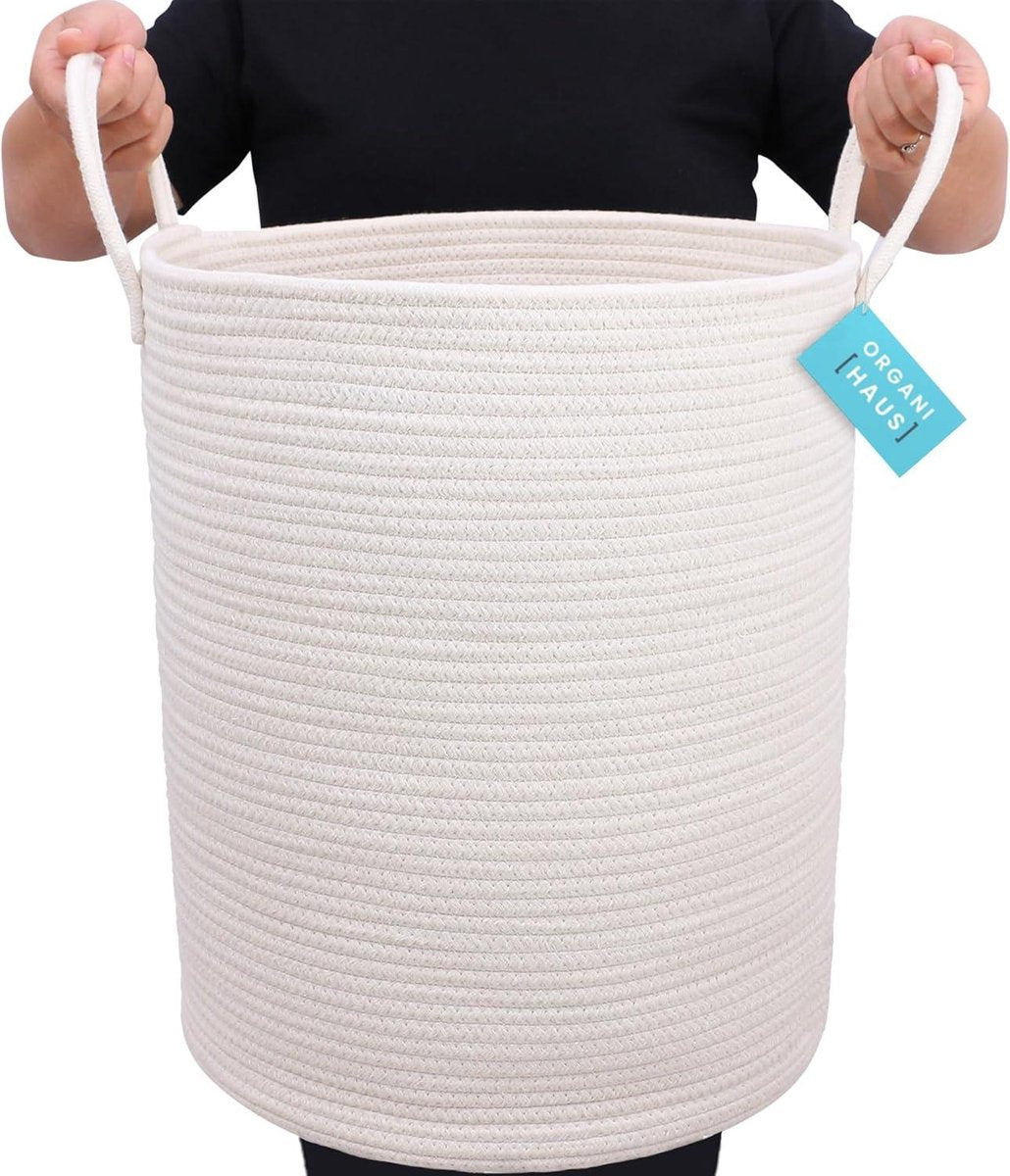 Wasverzamelmand Wit Groot - Dekenmand - Babywasmand - Geweven opbergmand - Strijkgoedmand - Speelgoedopbergmand - Katoenen touwmand - Wasgoedmand - Afmetingen 38x45cm wasmand