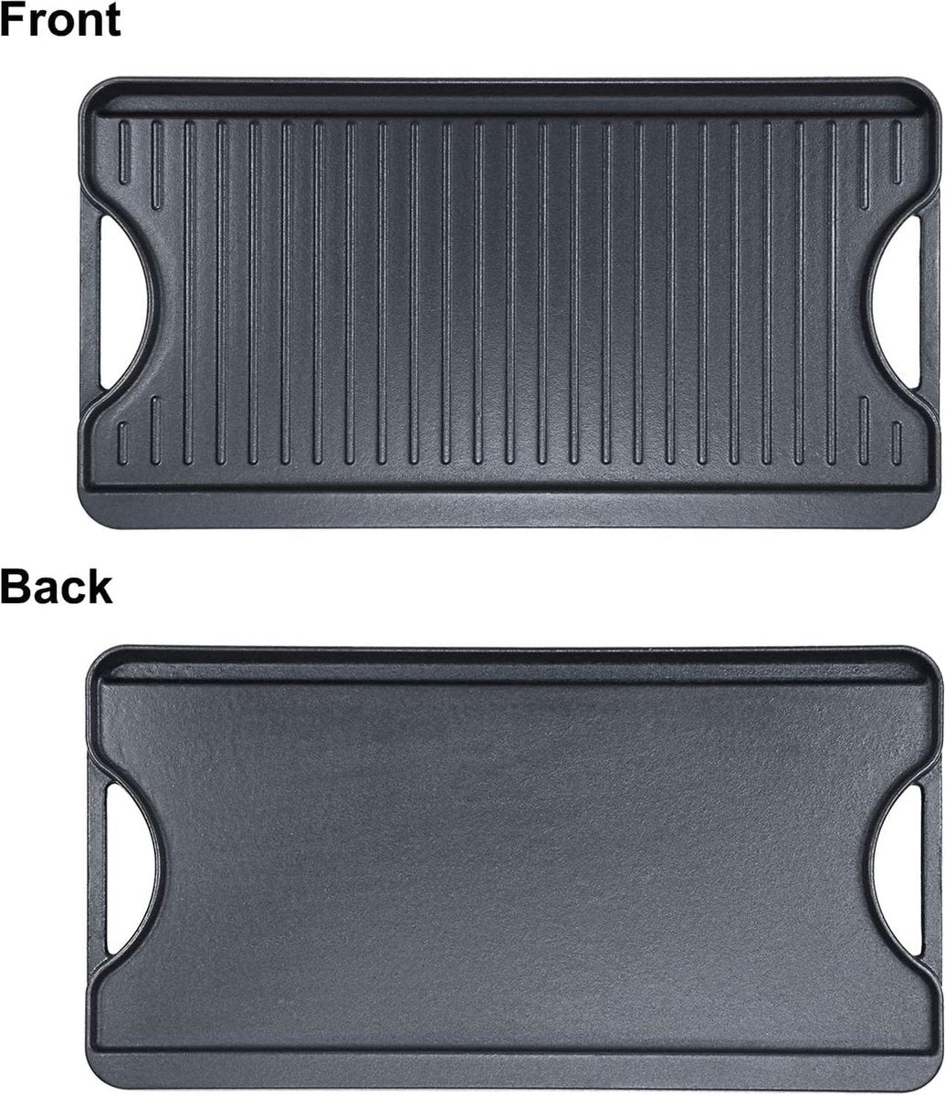 Gietijzeren antiaanbak grillplaten 50,8 x 26,5 cm voor oven, fornuis en grill, dubbelzijdige gietijzeren grillplaat met groeven en gladde roosterzone, roosterplaat.