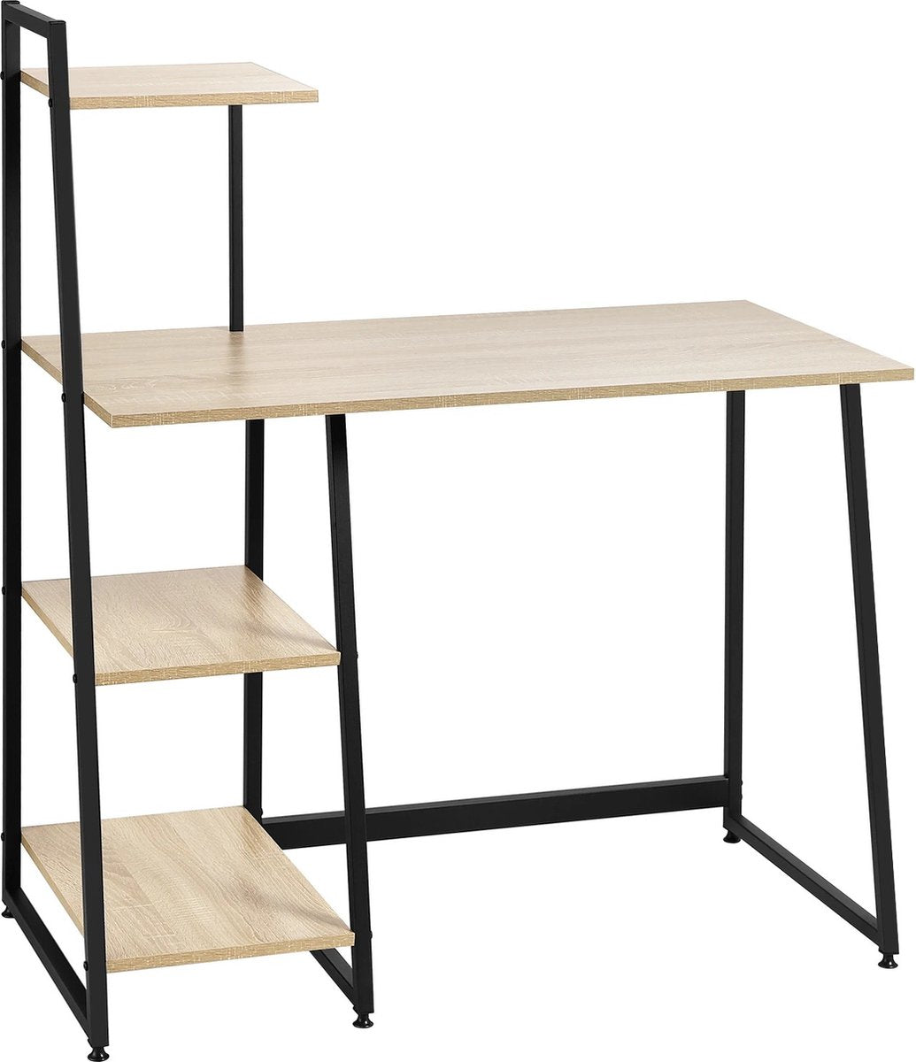 RM Store® - Computerbureau - Computertafel - Computermeubel - Werktafel - Kantoortafel - Werkbureau - 4 planken - Industrieel - Stalen frame - Hout - Zwart - 98x118x50 cm.