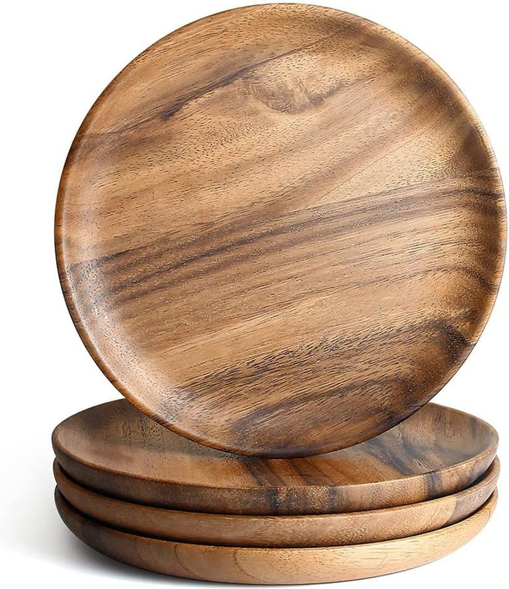 Acaciahouten eetborden, 20 cm ronde houten borden in set van 4, eenvoudige reiniging en gering gewicht voor gerechten, snacks, desserts, klassieke borden - voor Kerstmis