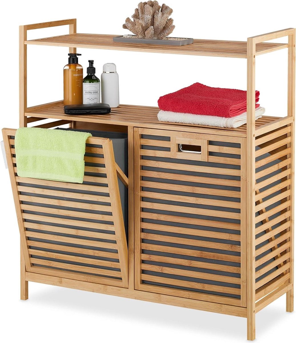 Laundry basket - 2 compartments - tiltable laundry bins - 40 litres per compartment - bamboo and fabric - natural look Laundry basket 3.0