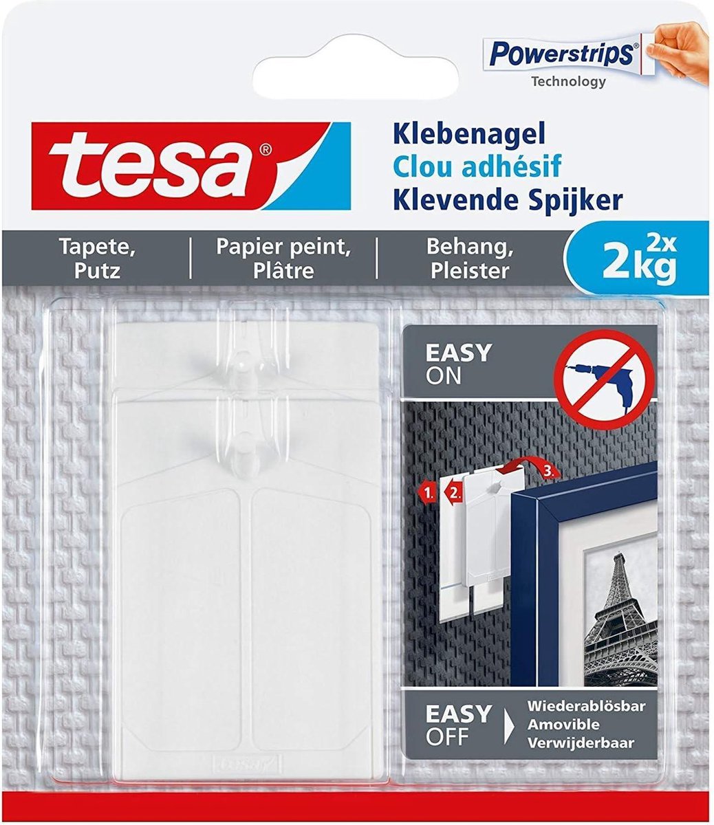 Plakspijker voor behang en pleisterwerk - Tesa 2 kg draagvermogen - 4 spijkers Plakspijker