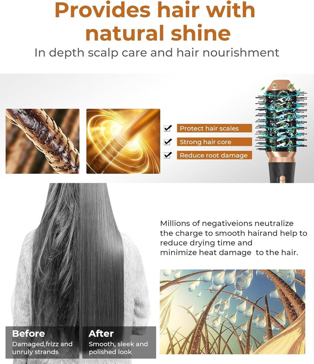 Föhnborstel 6-in-1 Airstyler haarstyler - ronde borstelföhn - warme luchtborstel - thermische borstel - automatische airflow krultang - volume föhnborstel voor gladmaken - drogen - volume - haarstyler met 6 accessoires
