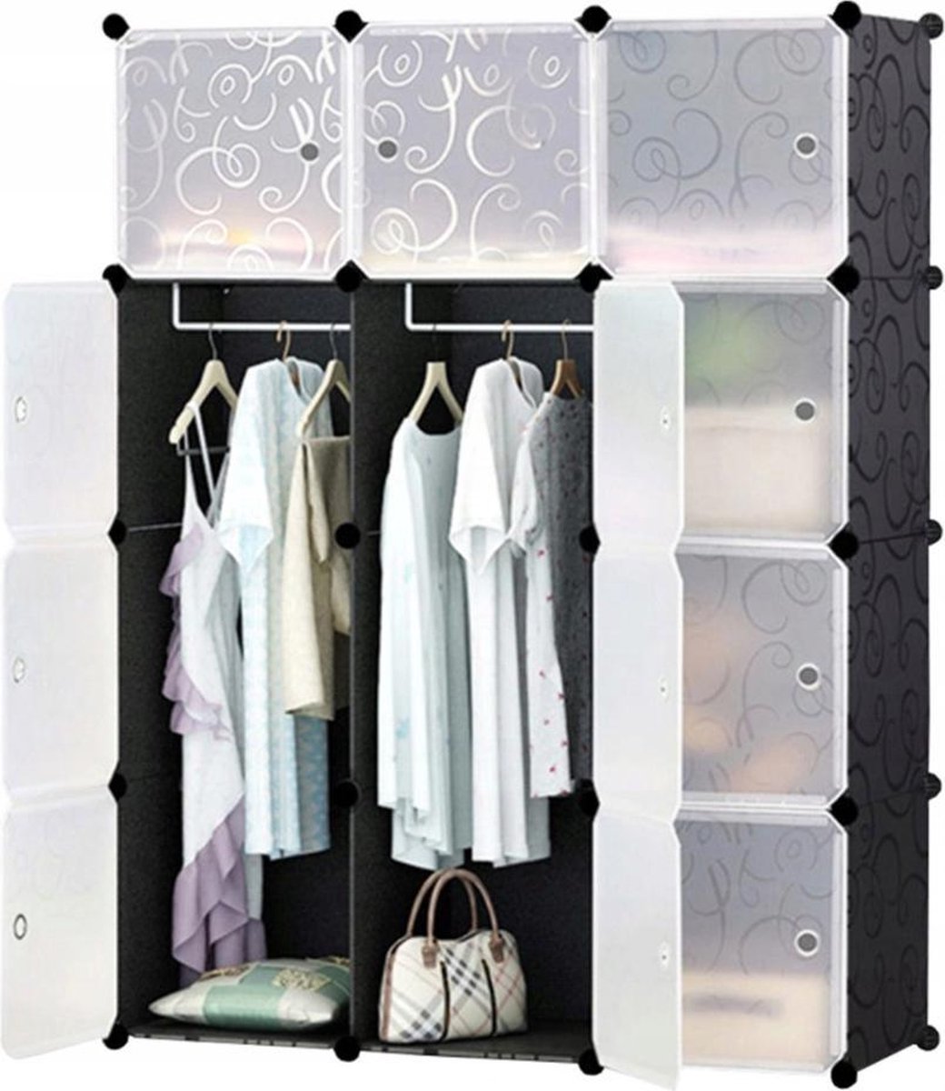 XL Modular Wardrobe - Large Wardrobe - Clothing and Shoe Storage - 12 Shelves & Rod - 145 x 110 x 46.5 cm