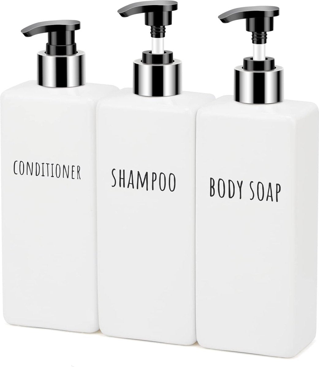 Soap Dispenser, 3 Pcs 500ml Soap Dispenser Set with Labels for Shampoo, Conditioner, Body Wash, Shampoo Bottles to Fill for Kitchen and Bathroom, White.