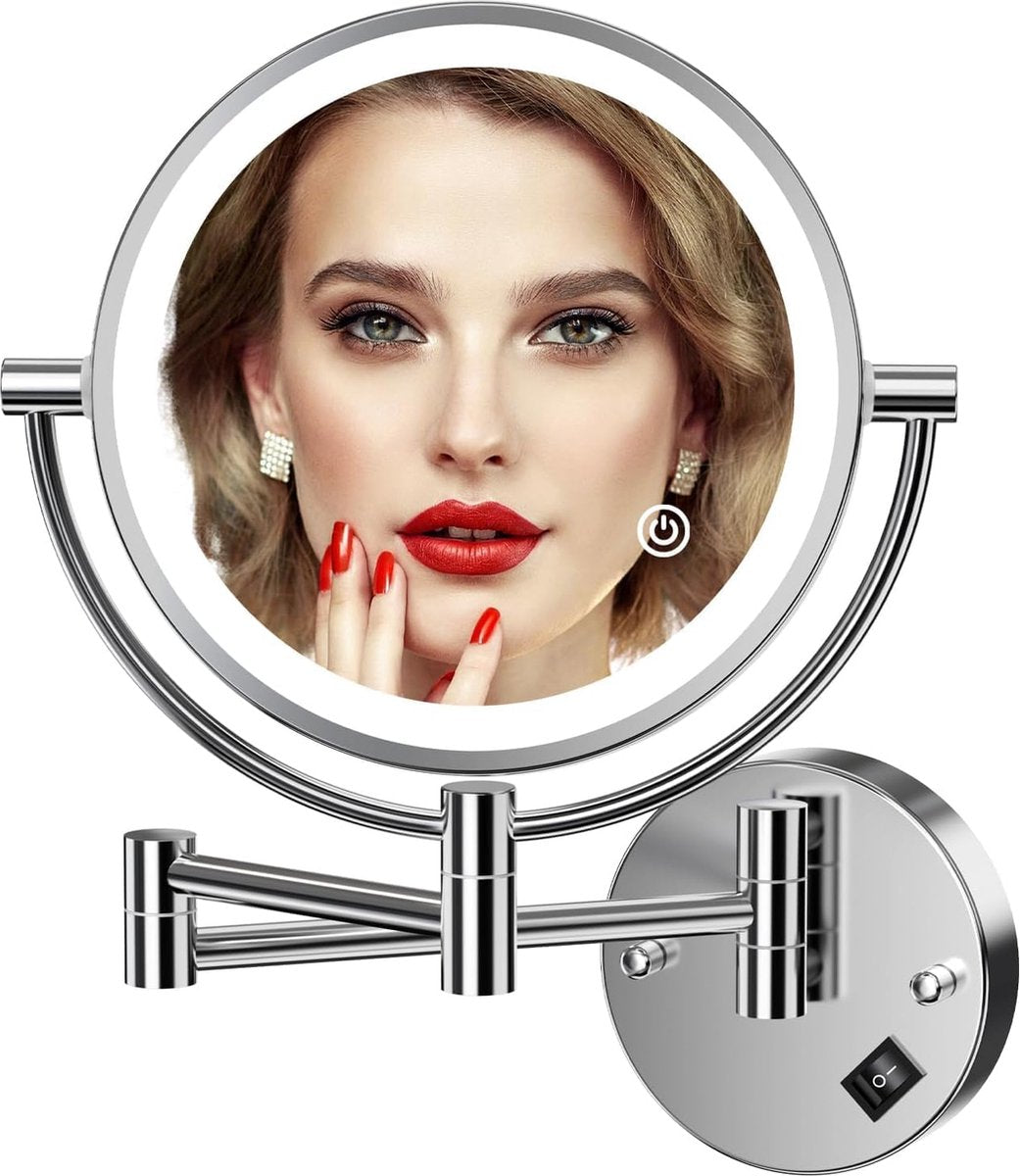 Make-up vergrotingsspiegel, 10 x vergroting, spiegel met EU-stekker, 3 verlichtingsmodi instelbaar via touch-knop, verchroomde afwerking voor badkamer, hotel