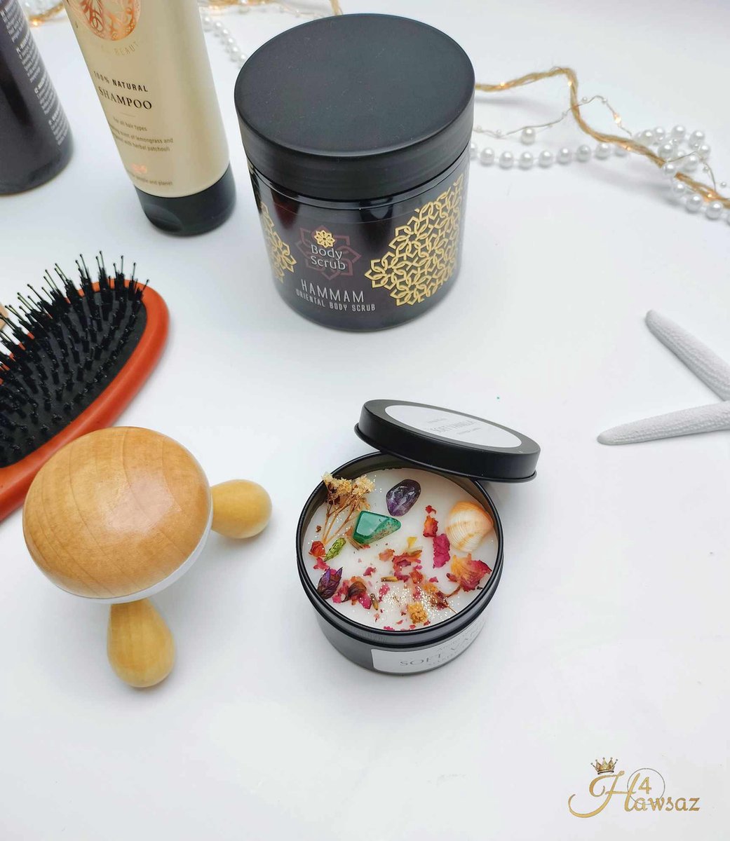 Dames Geschenkset - Bodycadeau 9 stuks - Luxe Cadeau - Hawsaz.nl cadeau - Giftsbox - Dames cadeau - Hammam Scrub - Massage olie - Verwenpakket - Valentijnscadeau - Kerstcadeau - Edelstenen geurkaars - Massage set - Verzorgingssets - Moederdag