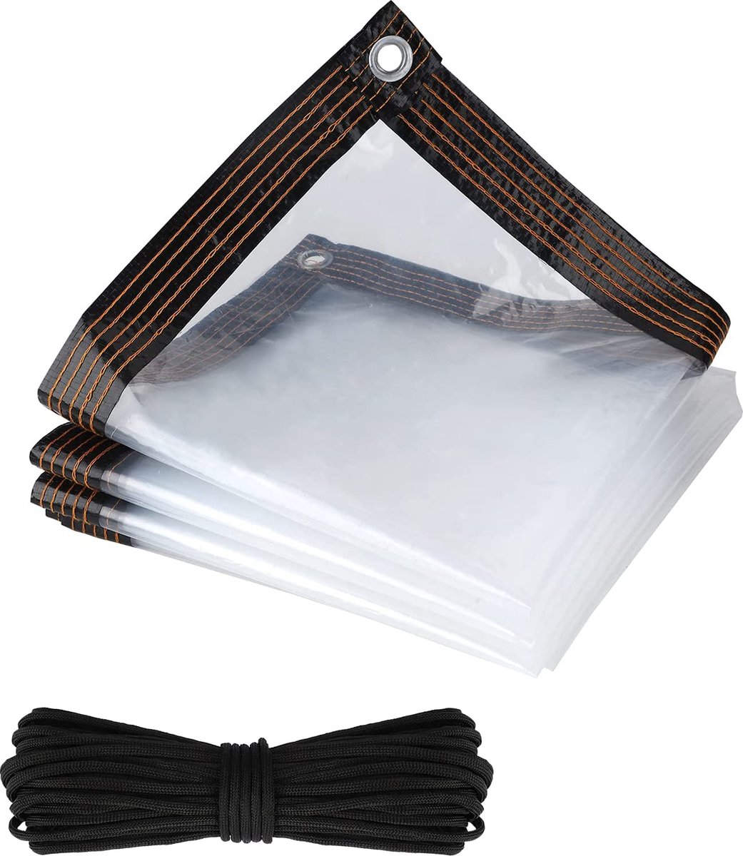 Tarpaulin, protective cover, waterproof transparent tarpaulin with eyelets and rope, washable, multifunctional tarpaulin, black waterproof rope, for covering garden furniture, 2 m x 3 m