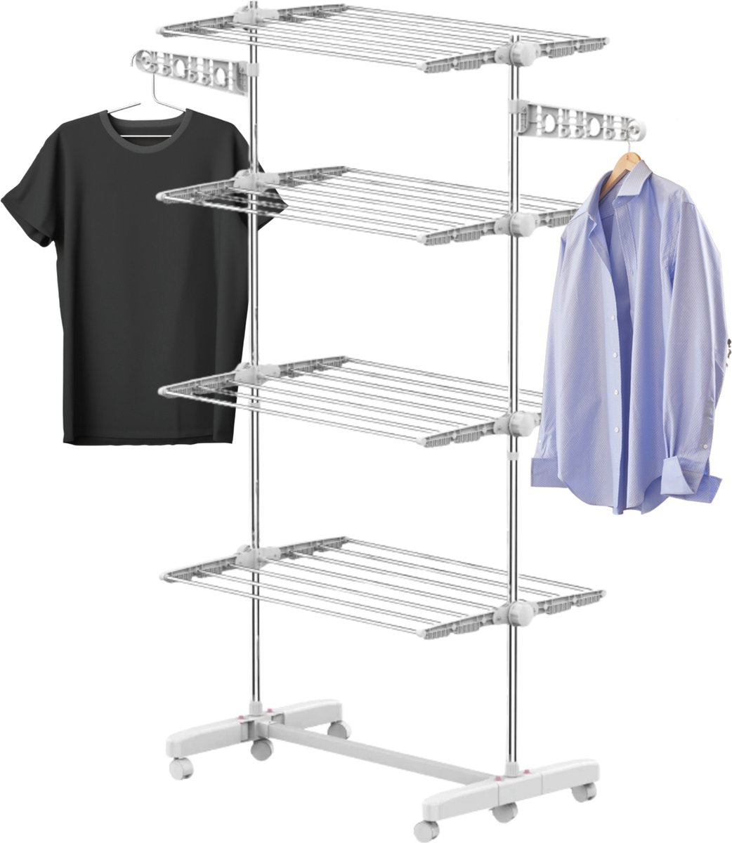 Droogrek - Wasrek - Wasdroogrek - Droogtoren - Uittrekbare waslijn - Verrijdbaar - Inklapbaar - 4 niveaus - H172 cm