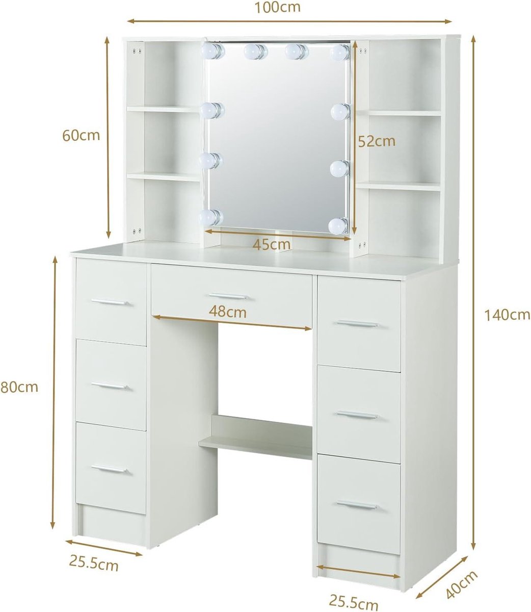 Kaptafel met verlichting - 3 lichtmodi - make-uptafel met spiegel en kruk - grote make-uptafel - 5 laden - 4 planken - 1 kast - 100 x 40 x 140 cm