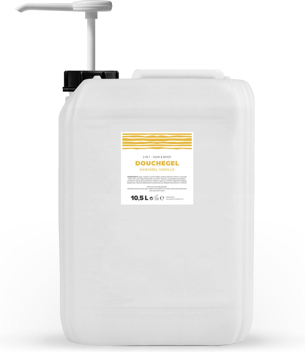 Douchegel - Vanille Karamel - Goudgeel/Parelmoer - 10,5 Liter - Met Pomp - Jerrycan - Navulling - Navullen - Mannen - Heren - Dames - Vrouw - Douchegel - Shampoo - Jerrycans - Voordeelverpakking - Douchegel - Douchegel Q1