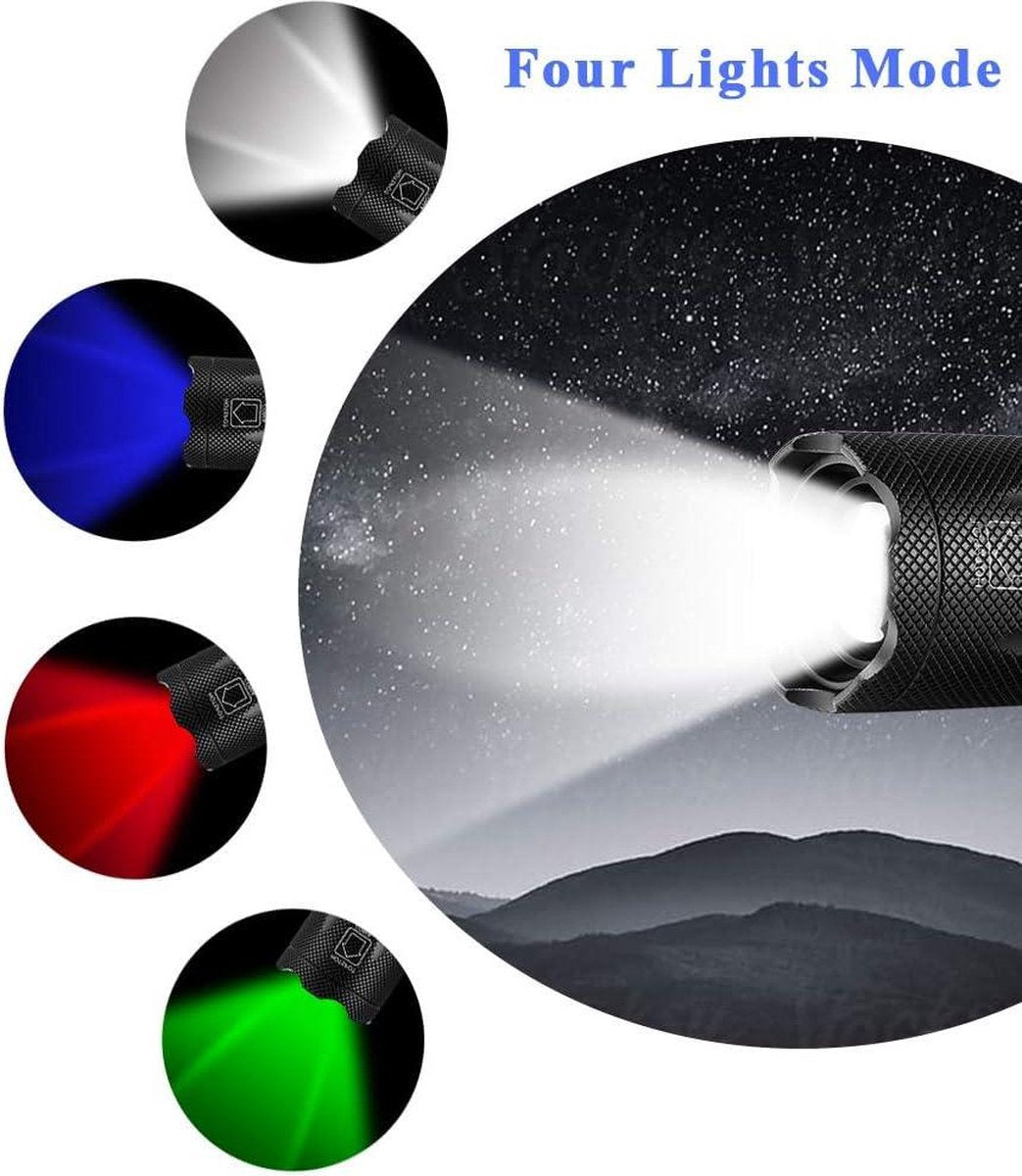 Superbright 4-in-1 LED flashlight with 900 lumens red, green, and blue light - multi-functional and waterproof with adjustable focus torch