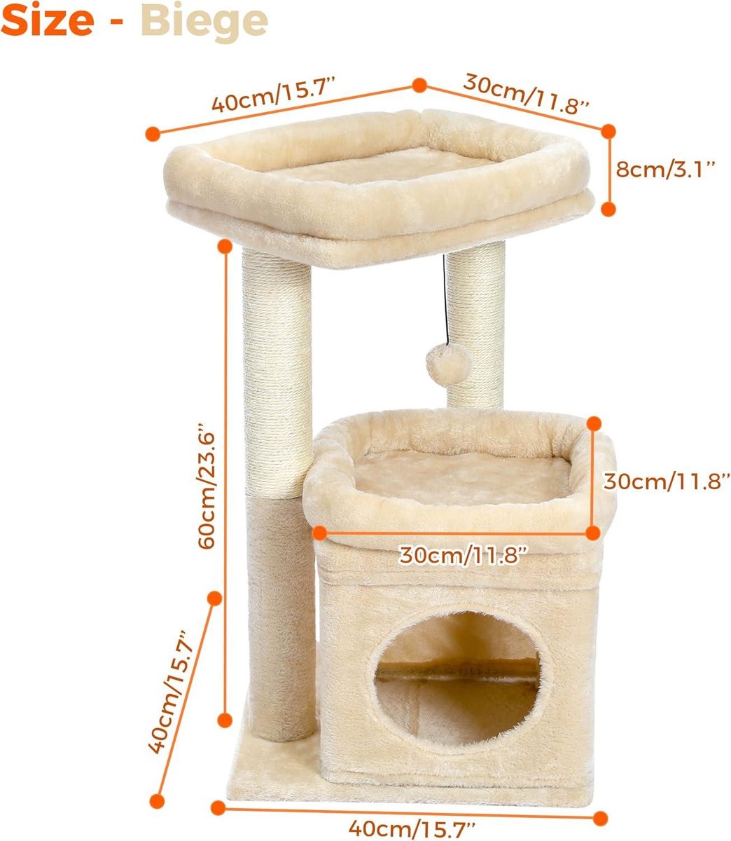 Krabpaal voor kleine katten - kattentoren met meerdere niveaus - sisal bedekt - gezellig kattenhuis - grote kattenzitplaats - binnenkat