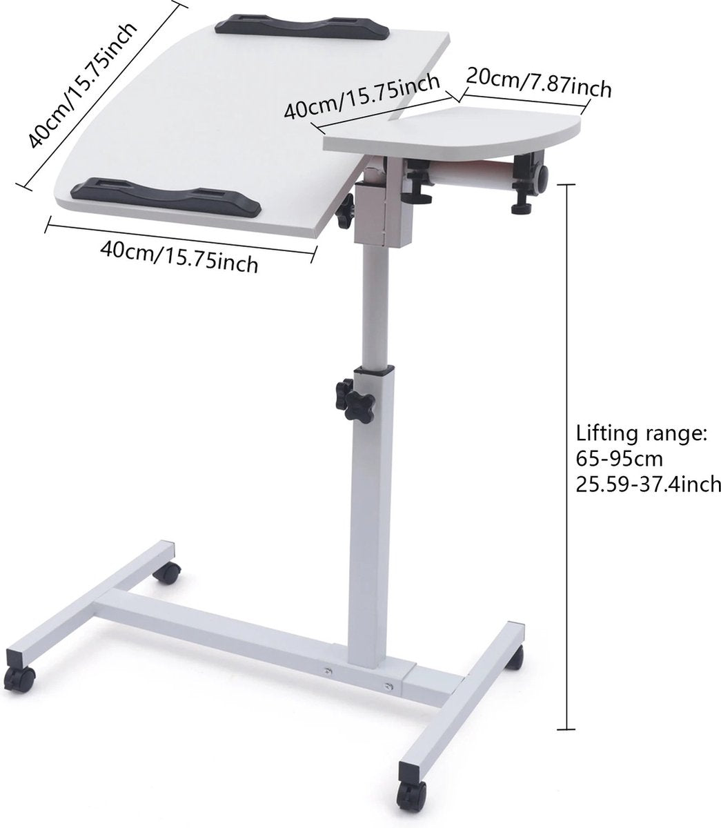 Bedside Table - Laptop Table - With Wheels - Foldable - Mobile - Height Adjustable - Work from Home - White