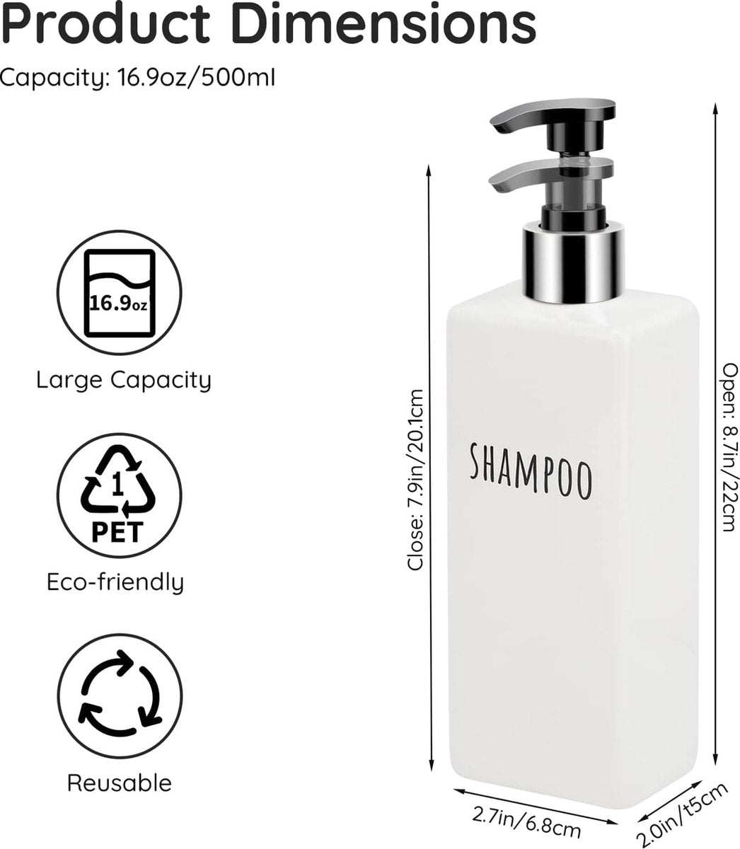 Soap Dispenser, 3 Pcs 500ml Soap Dispenser Set with Labels for Shampoo, Conditioner, Body Wash, Shampoo Bottles to Fill for Kitchen and Bathroom, White.
