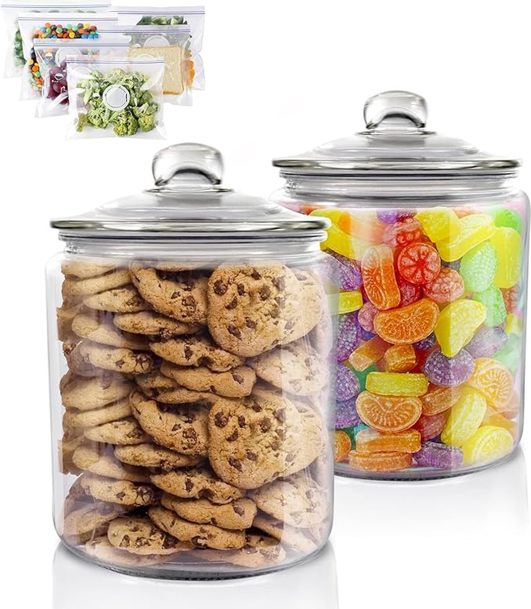 Storage jars with lid, 2-piece set, 3.9 litres, airtight glass container, large, transparent, storage jar, glass cookie jar, kitchen, storage boxes for sweets, flour, nuts, with 15
