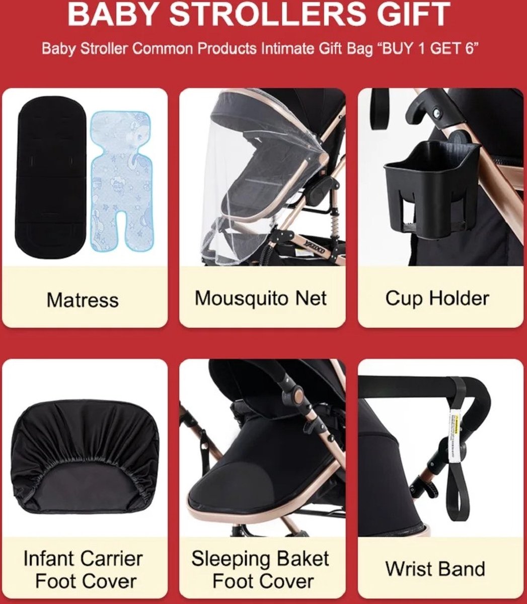 kinderwagen 3 in 1 - babywagen - opvouwbaar - Incl. draagbare reiswieg + autostoel - omkeerbare hoge zitplaats - verstelbare zonnescherm luifel - t/m 3 jaar - Kleur Zwart - schokabsorberende dempers