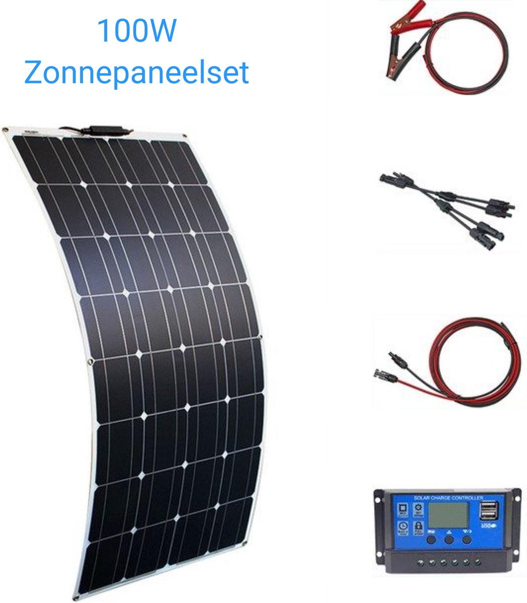 Complete 100W zonnepaneelset - Plug and Play voor camper - boot - caravan - schuur - aan te sluiten op accu
