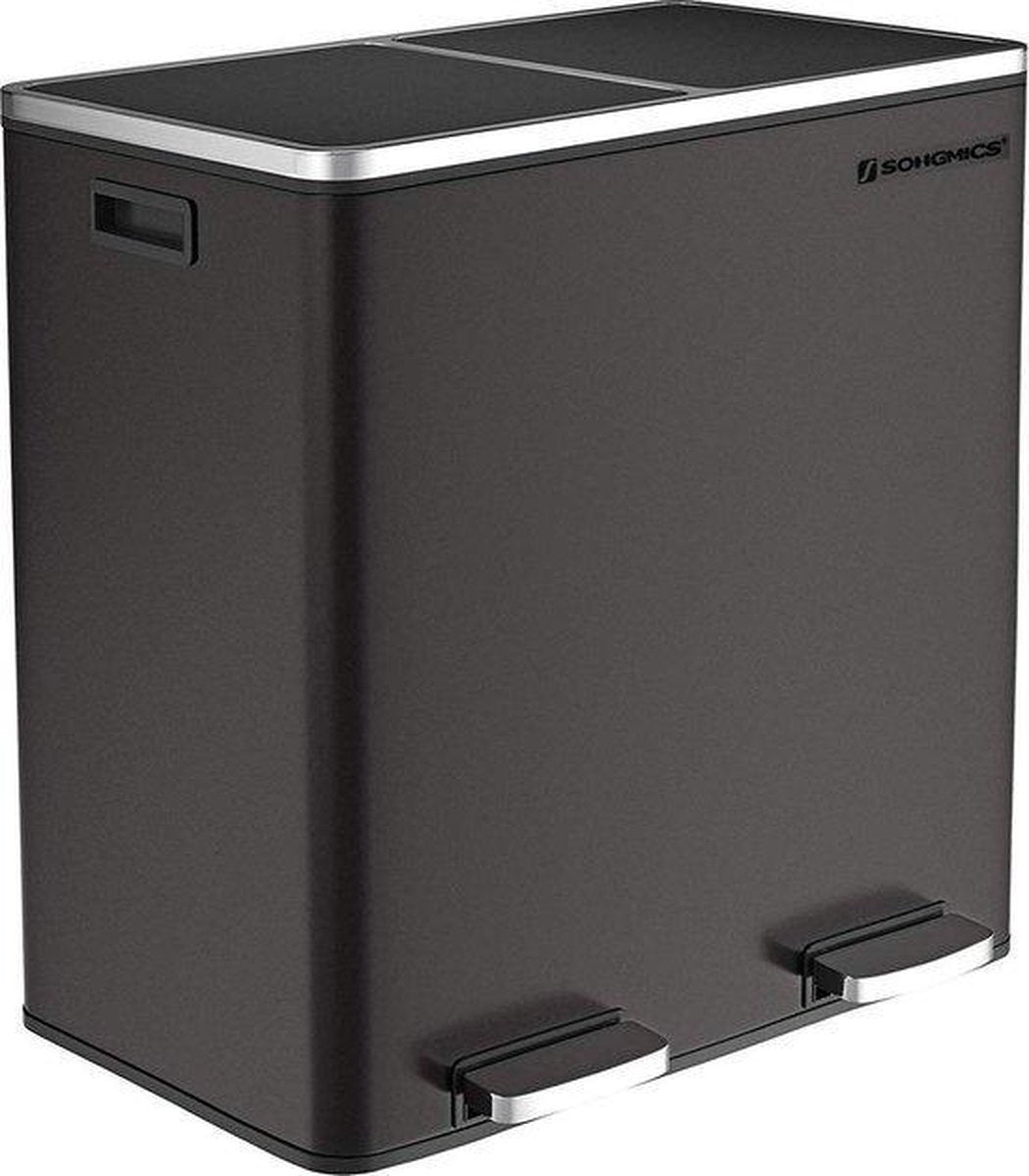 Songmics - Afvalemmer - 60 liter inhoud (2x30) - Met 2 gescheiden bakken - RVS - Zwart