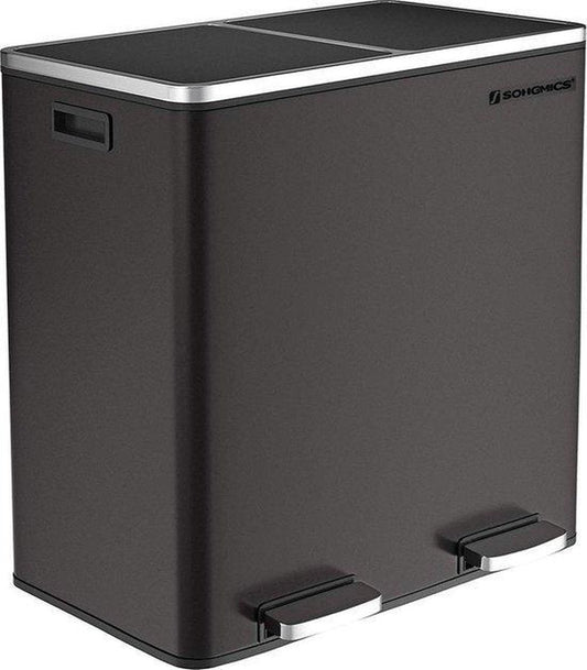Songmics - Afvalemmer - 60 liter inhoud (2x30) - Met 2 gescheiden bakken - RVS - Zwart