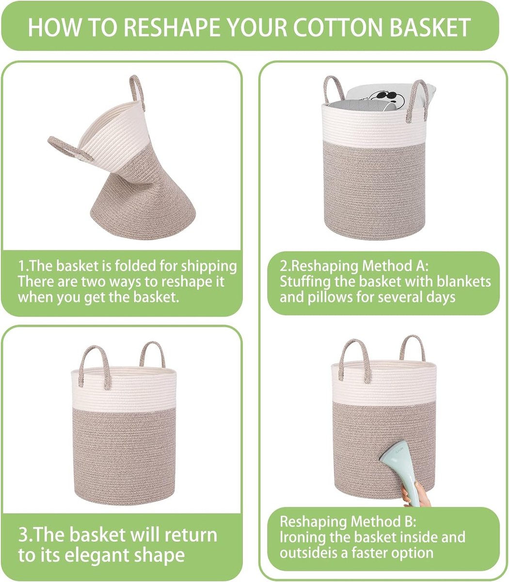 Braided Cotton Laundry Basket, 53 Litres, Laundry Hamper with Handle, Laundry Basket Toy, Laundry Hamper Storage Box for Nursery, Living Room, Bathroom, 46 x 38 cm
