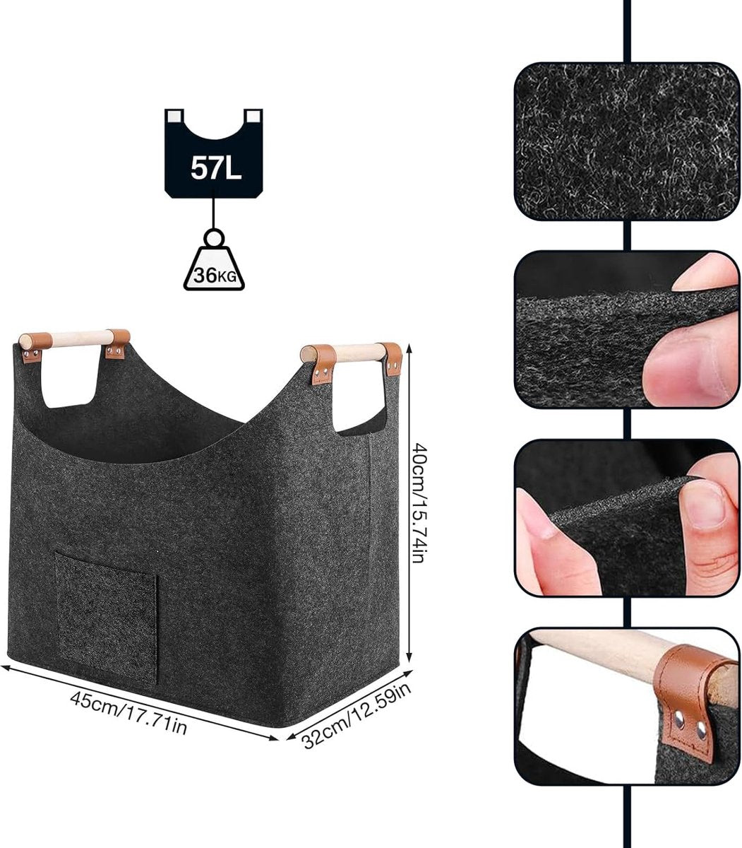 Equivera Log Basket for Firewood XL, Felt Basket for Firewood XXL, 45 x 32 x 40 cm, Firewood Box with Extra Thick Felt and Reinforced Handle, for Firewood, Logs, Newspapers, Clothes