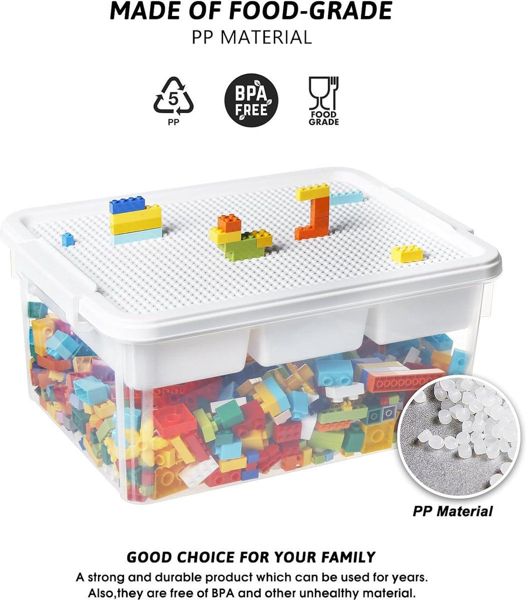 Storage box for building blocks, storage compartments, 3 pieces, stackable boxes, toy storage with lid and building plate, stacking boxes, plastic sorting boxes, organizer box for small parts, children's toy box