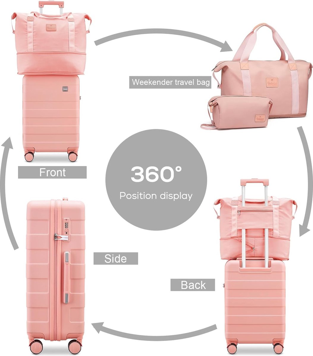 3-delige bagagesets, koffer met spinnerwielen, bagageset voor dames, lichtgewicht wielen, bagage met TSA-slot, roze