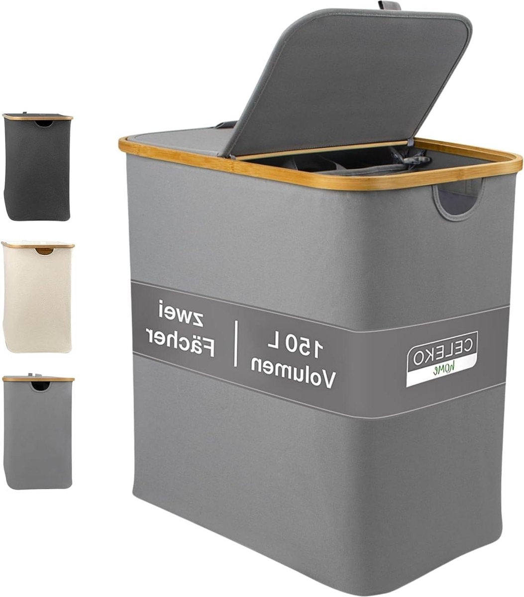 Large Laundry Basket 2 Compartments 150 Litres Bamboo Fabric Light Grey - Laundry Sorter With Lid - Anthracite Black