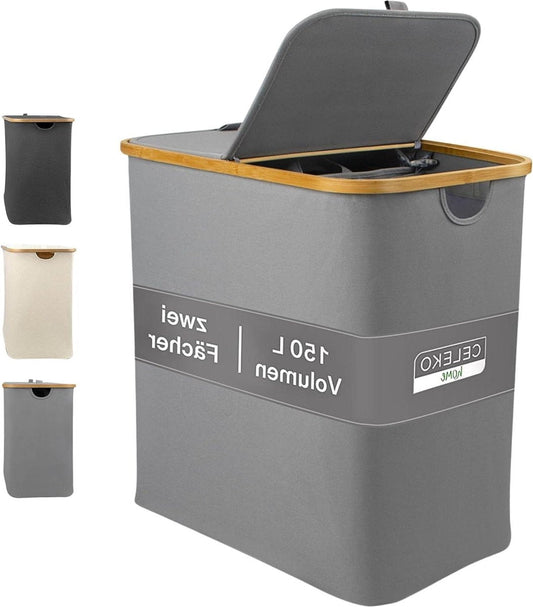 Large Laundry Basket 2 Compartments 150 Litres Bamboo Fabric Light Grey - Laundry Sorter With Lid - Anthracite Black