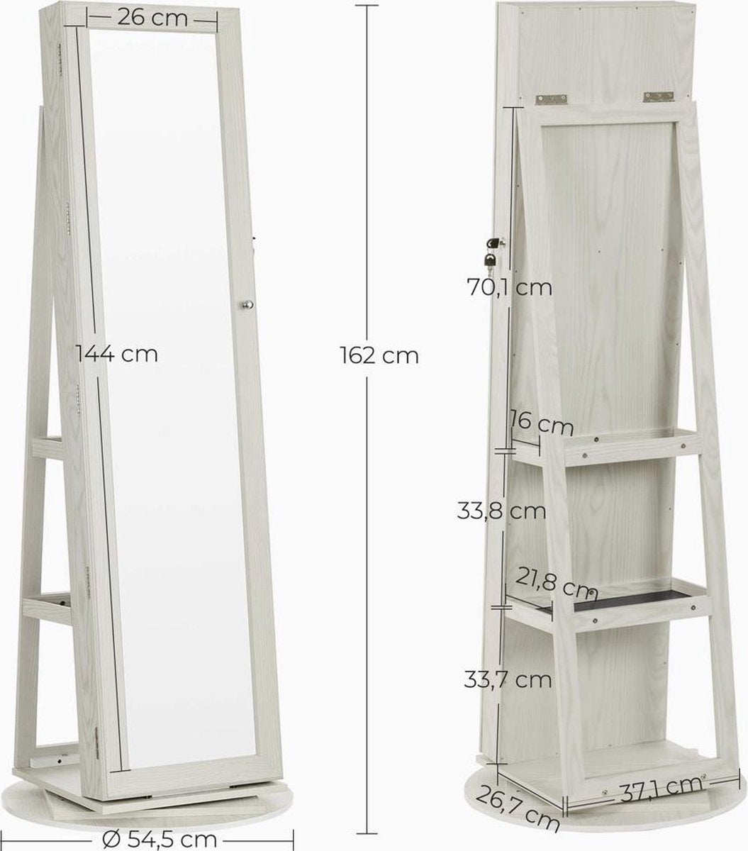 Jewellery cabinet with 160 cm high mirror, lockable, 360° rotatable with ladder rack JBC62W