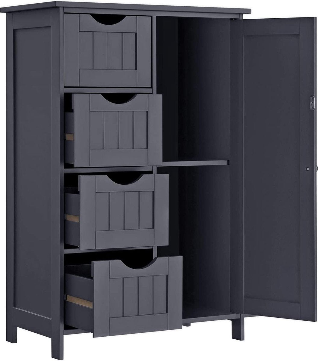 Dressoir badkamerkast, houten badkamerkast, commode met 4 lades, kastdeur, verstelbare plank, voor woonkamer, keuken, hal, diep, vrijstaand, grijs LHC41GY