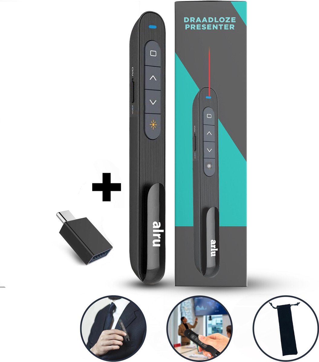 Wireless Presenter - Presentation Clicker - PowerPoint Remote - Draadloze Presenter - Laser Pointer - for Presentation - Wireless - USB - Black - Includes USB C Adapter & Storage Pouch