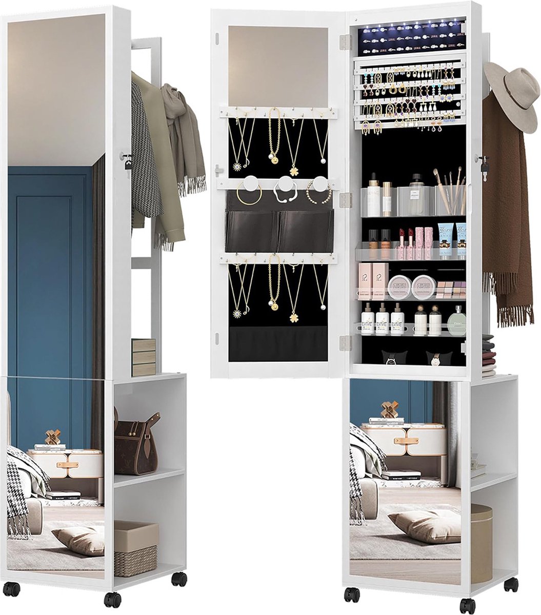 Jewellery Cabinet with Mirror - Mirror Cabinet - Jewellery Armoire - Full-Length Mirror - Make-up Cabinet on Wheels - Bedroom & Bathroom - 117x44x20 cm - Standing - White
