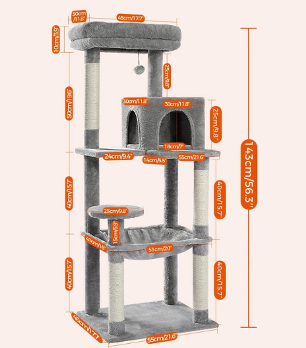 Rakmishop - Cat Tree - 5-Story - Cat Tower - Cat Post - Cat Pole for Large Cats - Scratch Tower - 143x50x45 cm - Gray