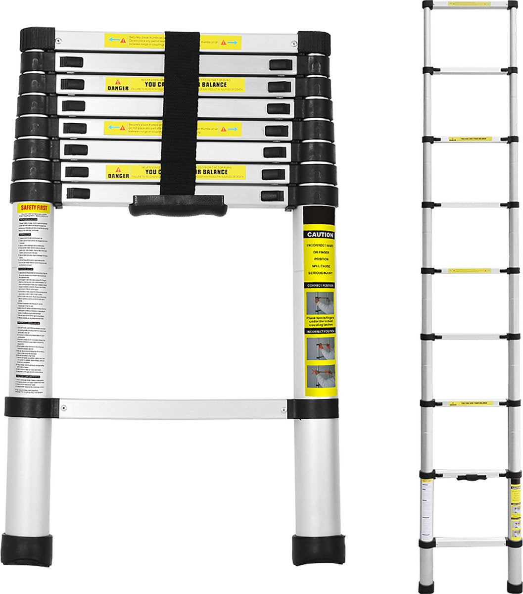 Telescopische Opvouwbare Ladder - Telescopische Ladders - Soft Close - Werkhoogte 2,6 m - zilverkleurig