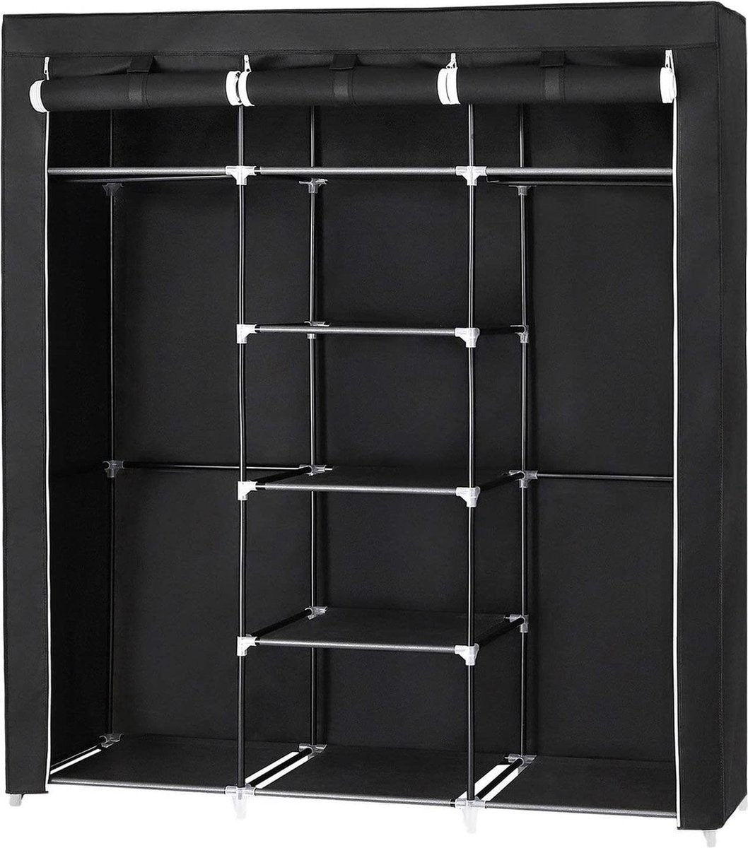 LG Life's Green Opvouwbare Kledingkast – 150x45x175CM – Kledingrek met 9 opslagplanken en 2 ophangstangen – Stoffen Kledingkast – 200KG Draagvermogen – Zwart