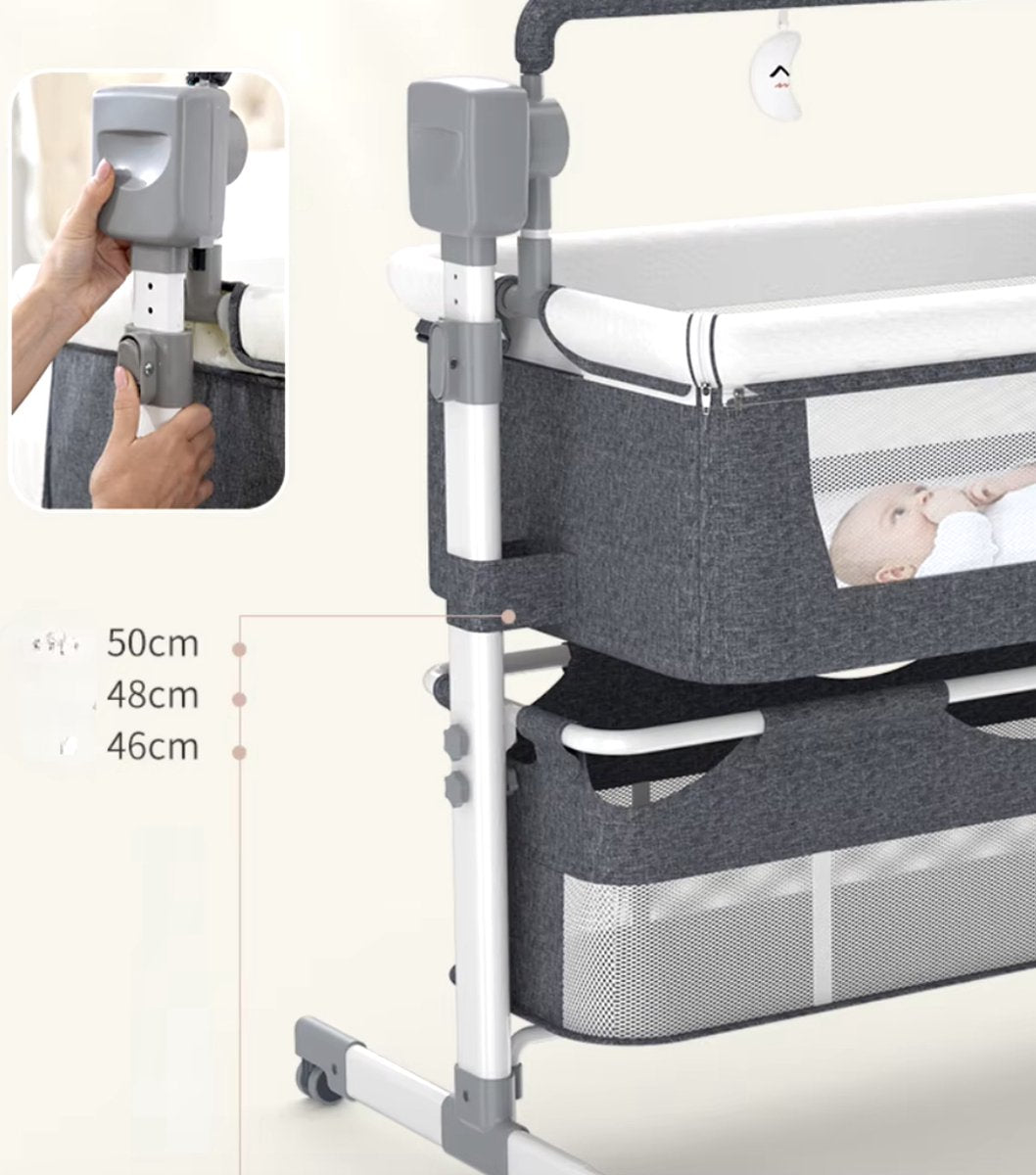 J&R Baby Crib - Electric baby crib - Bassinet - Baby bed - Cot - Bluetooth - Portable - Mobile - Mosquito net - Grey