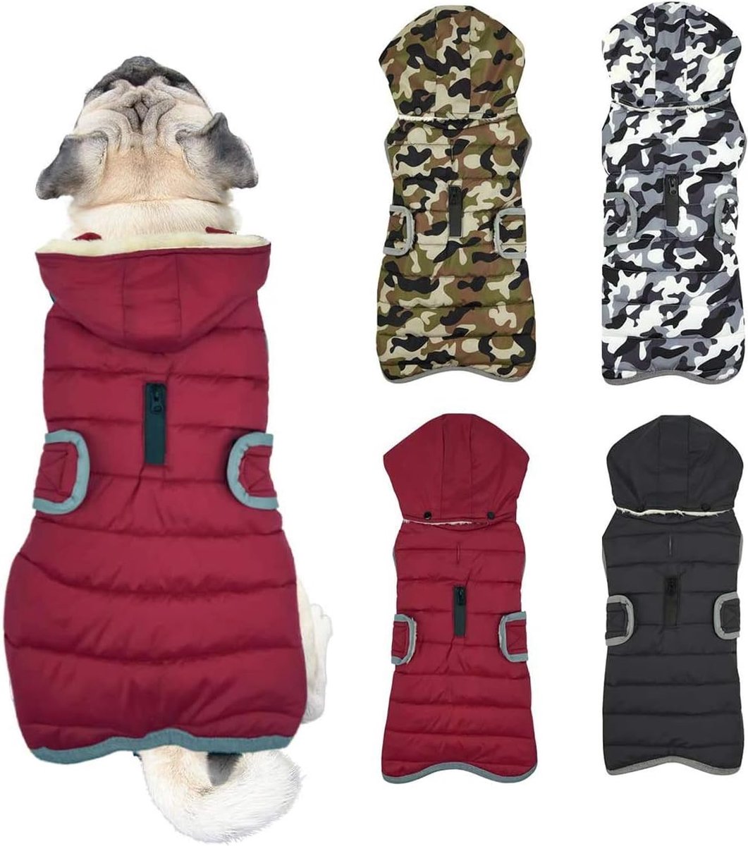 Etechydra Dog Coat, Reflective, Detachable Hood, Waterproof, Winter, Fleece, Warm Jacket, for Small, Medium, and Large Dogs, Red, M