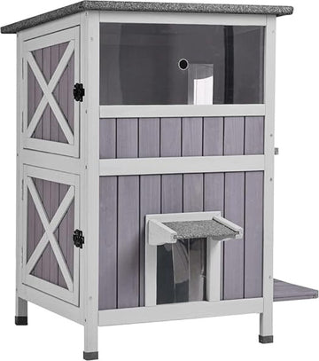 Kattenhuis voor buiten - Kattenhok - Kattenbak Kast - Ombouw - Kattenkast voor Binnen - Konijnenhok - 2 Verdiepingen - 57 x 55 x 86 cm - Dennenhout - Grijs