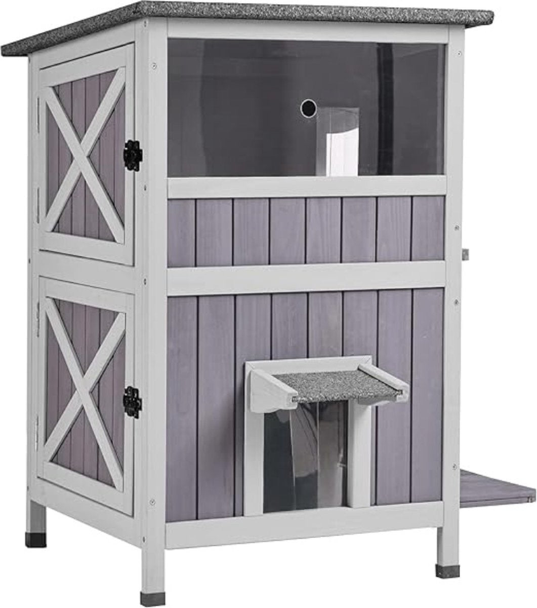 Outdoor Cat House - Litter Box Enclosure - Cat Cabinet for Indoor Use - Cat Kennel - Rabbit Hutch - 2-Story - 57 x 55 x 86 cm - Pine Wood - Grey