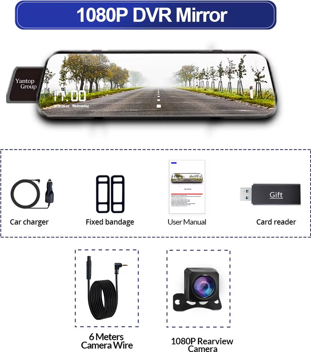 Dashcam met achteruitrijcamera - 4K - 10 inch - IPS-touchscreen - Spiegelcamera voor auto - Touchscreen - Videorecorder - Achteruitkijkspiegel - Dashcam - Voor- en achtercamera - Spiegel - Bewegingsdetectie en parkeerstand